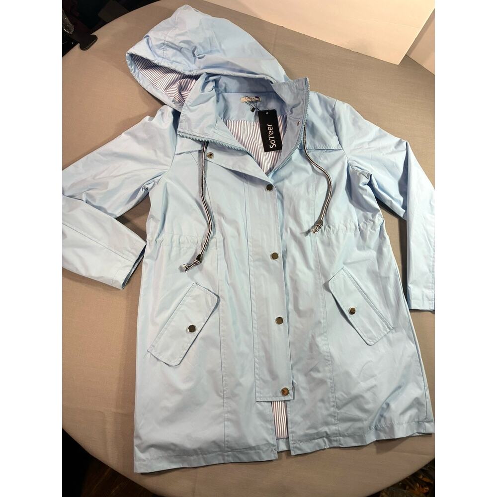 NWT SoTeer Light Blue Hooded Rain Jacket Women’s M Utility Coat